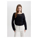 DEFACTO Crop Boat Neck Crochet Sweater