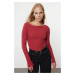 Trendyol Burgundy Boat Neck Ribbed Flexible Regular Fit Long Sleeve Button Detailed Knitted Blou