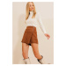 Trend Alaçatı Stili Women's Tan Zipper Detailed Suede Shorts Skirt
