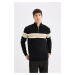 DEFACTO Black Standard Fit Regular Cut Stand Collar Zippered Striped Knitwear Sweater