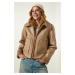 Happiness İstanbul Beige Für Collar Wide Pocket Faux Leather Jacket