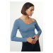 Trendyol Indigo Cotton Flounce Fitted Crop Knitted Blouse