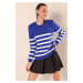 Bigdart 15820 Button Detail Striped Sweater - Sax