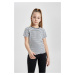 DEFACTO Girl Slim Fit Crew Neck Striped Corduroy Short Sleeve T-Shirt