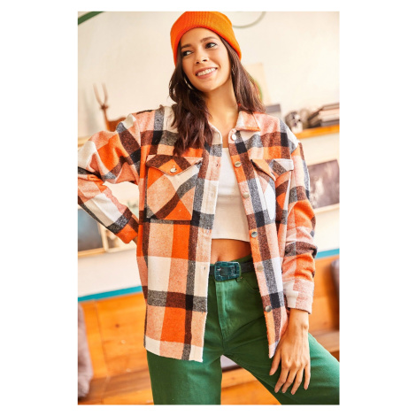 Olalook Women's Orange Ecru Plaid Double Pocket Oversized Stamped Shirt