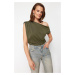 Trendyol Khaki Regular/Normal Fit Asymmetric Collar Zero Sleeve Stretch Knitted Blouse