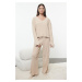 Trendyol Beige Piping Detailed Ribbed Knitted Pajama Set