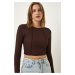 Happiness İstanbul Brown Ribbed Ribbed Crop Blouse