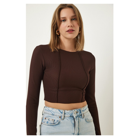 Happiness İstanbul Brown Piping Ribbed Crop Blouse