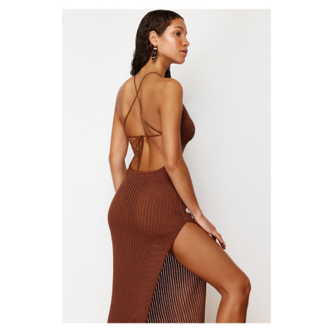 Trendyol Brown Fitted Maxi Knitted Decollete Back Knitwear Look Beach Dress