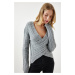 Happiness İstanbul Women's Gray Wrapover Neck Seasonal Knitwear Sweater