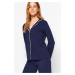 Trendyol Navy Blue Cotton Piping Detailed Shirt-Pants Knitted Pajamas Set