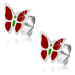 Strieborné puzetové náušnice 925 - červeno-zelený motýľ
