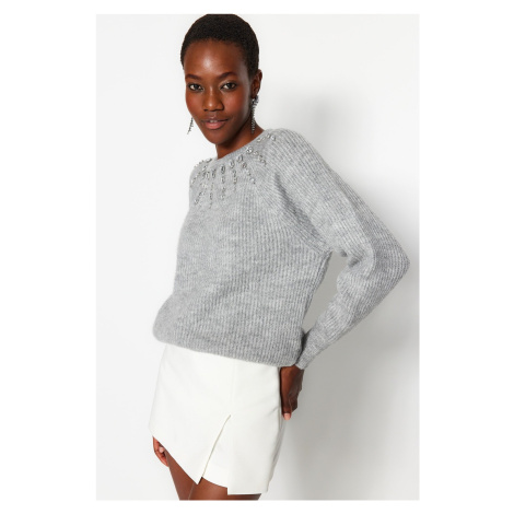 Trendyol Gray Soft Textured Stone Detailed Knitwear Sweater