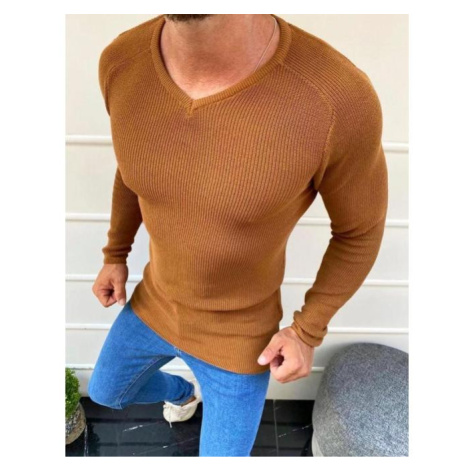 Pánsky klasický sveter s véčkovým výstrihom v hnedej farbe DStreet