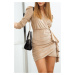 Velour dress with ruffle and pleats, beige
