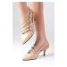 Mio Gusto Naomi Nude Patent Leather Open Back Band Detail Short Heel Women's Shoes