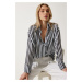 Happiness İstanbul Women's Black and White Striped Draped Satin Look Shirt