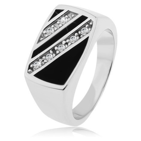 Strieborný prsteň 925, obdĺžnik - šikmé línie čírych zirkónov, čierna glazúra - Veľkosť: 68 mm