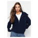 Trendyol Navy Blue Wide Cut Turn-down Collar Zippered Knitwear Cardigan