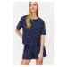 Trendyol Navy Blue 100% Cotton Heart Patterned T-shirt-Shorts Knitted Pajamas Set