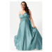 Lafaba Dámske saténové šaty Plus Size Long Evening & Prom s tyrkysovými povrazovými ramienkami