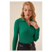 Happiness İstanbul Women's Green Polo Neck Ribbed Crop Knitwear Sweater