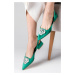 Mio Gusto Claudia Green Color Women's Short Heeled Shoes Open Back Satin Fabric With Crystal Sto