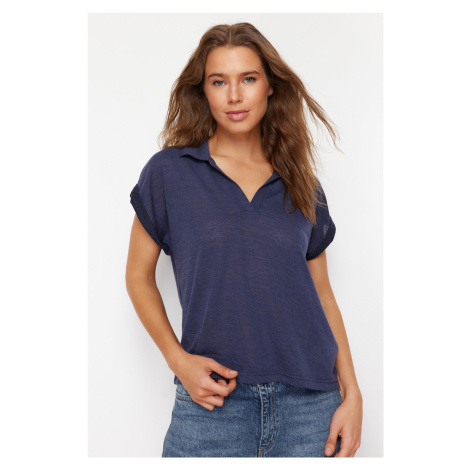 Trendyol Indigo Linen Look Regular/Normal Fit Polo Neck Short Sleeve T-shirt