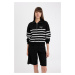 DEFACTO Women's Black Regular Fit Half Zipper Stand Collar Striped Thick Casual Sweatshirt