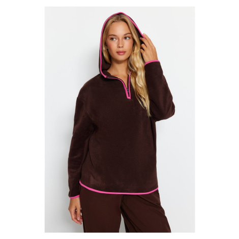 Trendyol Brown Thick Fleece Relaxed Have a Zipper and Piping Detail, Knitted Sweatshirt