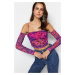 Trendyol Pink-Multicolored Crop Lined Tulle Printed Blouse
