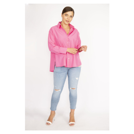 Şans Women's Plus Size Pink Poplin Fabric Long Sleeve Shirt with Buttons and Side Slits