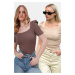 Trend Alaçatı Stili Women's Brown-Beige Square Collar 2-Pack Princess Sleeve Regular Fit Blouse