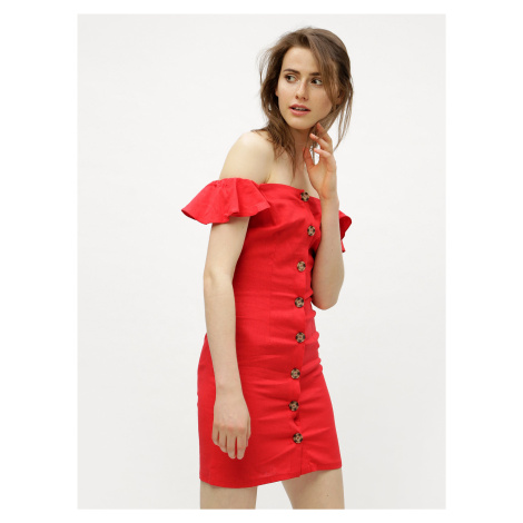 Červené ľanové šaty s odhalenými ramenami Miss Selfridge Button