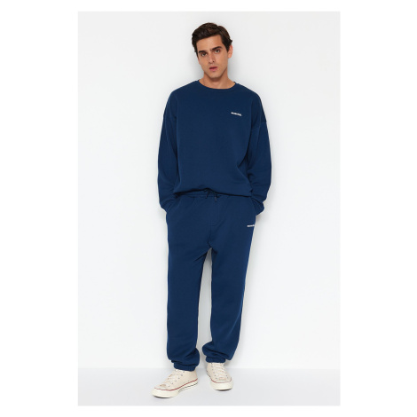 Trendyol Indigo Oversize/Wide Cut Text Printed Warm Sweatshirt Tracksuit