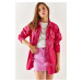 Olalook Women's Fuchsia Embroidered Oversized Cotton Shirt Jacket with Pocket