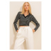 Trend Alaçatı Stili Women's Black Polo Neck Striped Crop Knitted Blouse