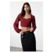 Trendyol Burgundy Crop Sweetheart Neck Long Sleeve Woven Blouse