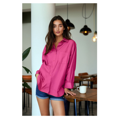 Trendyol Fuchsia Single Pocket Boyfriend/Bavlnené tkané tričko Wide Fit