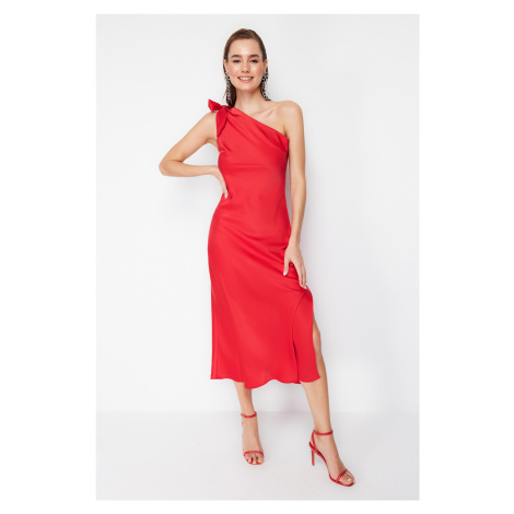 Trendyol Red Sleeve Detailed Woven Satin Elegant Evening Dress