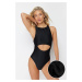 Trendyol Black Halter Neck Cut Out/Windowed Textured Regular Swimsuit