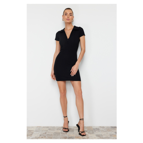 Trendyol Black Fitted Short Sleeve Zipper Collar Stretchy Knitted Mini Dress