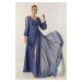 By Saygı V-Neck Long Evening Chiffon Dress with Draping and Lined Sleeves.