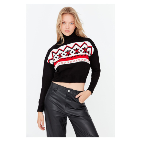Trendyol Čierna vianočná téma vzorovaný crop pletený sveter