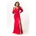 Lafaba Women's Red Double Breasted Neck Silvery Long Satin Evening Dress