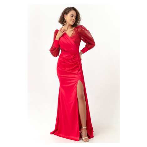 Červené dvojradové trblietavé dlhé saténové večerné šaty pre ženy Lafaba.