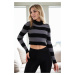 28277 Dewberry Striped Crop Knitwear Sweater-BLACK-GREY