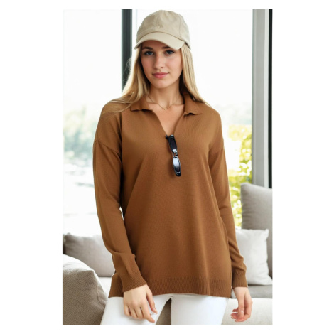 83295 Dewberry Polo Neck Long Sleeve Slit Sweater-BROWN