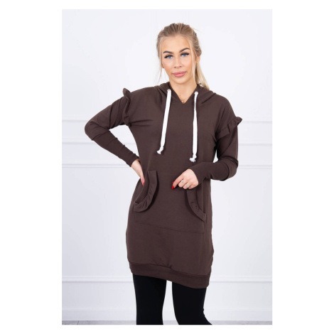 Brown dress with decorative ruffles and hood